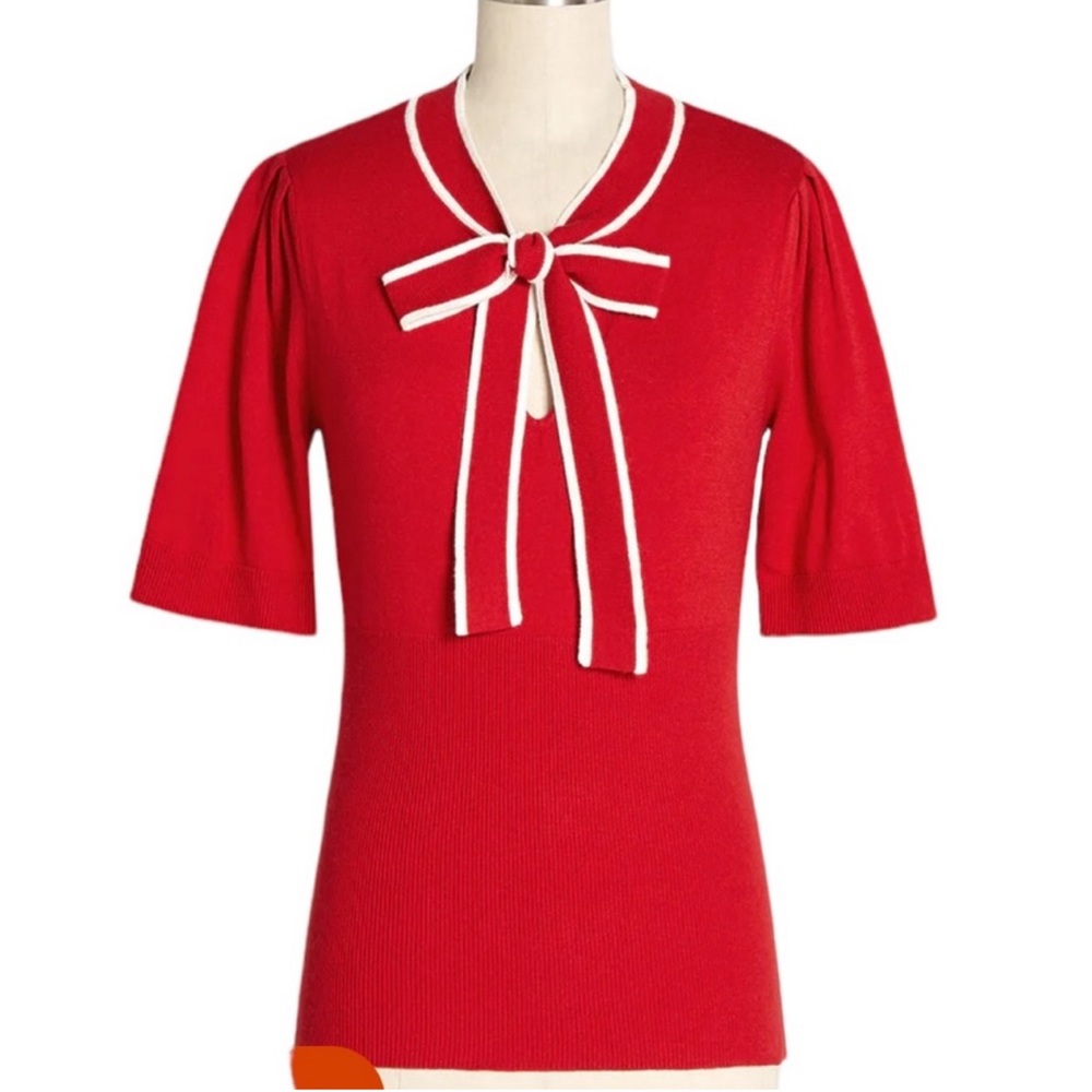 Modcloth Bow Thyself Tie - Neck Red Knit Viscose Blend Sweater Size Medium.